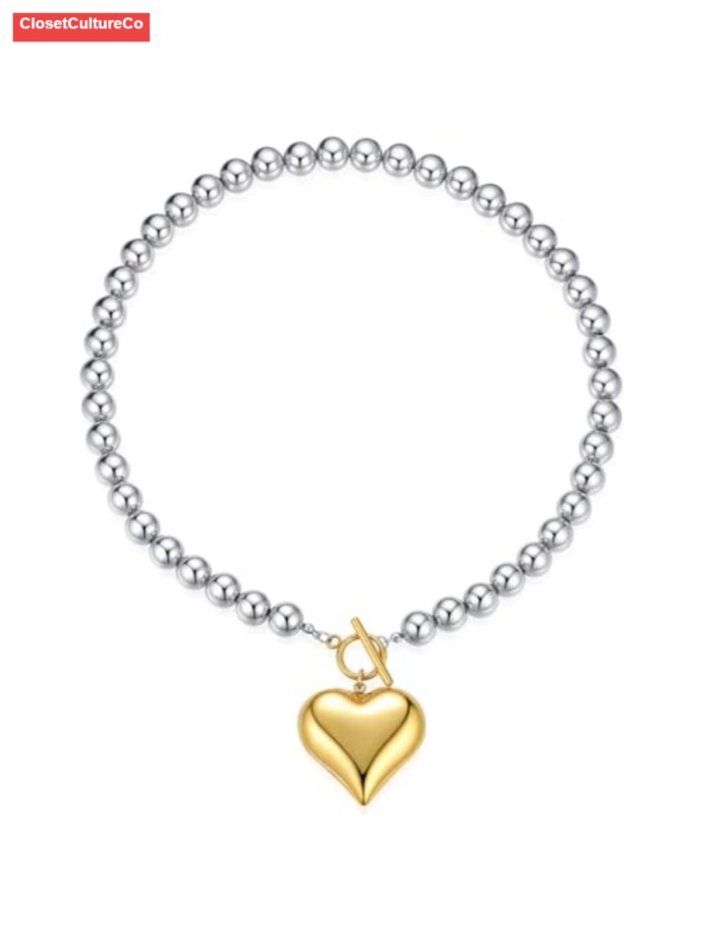 18k Gold Plated Stainless Steel Heart Pendant Necklace Beaded Chain